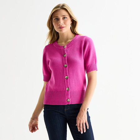 St. John's Bay Womens Crew Neck Short Sleeve Button Cardigan, Small, Pink