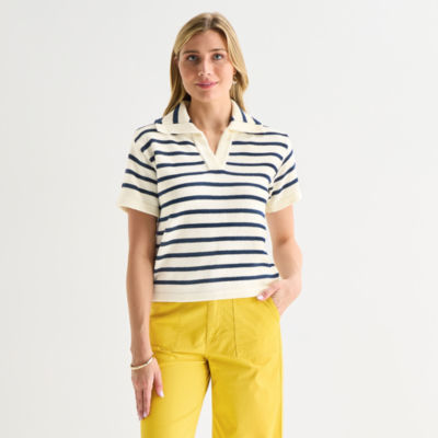 St. John's Bay Womens Short Sleeve Polo Sweater, Color: Navy