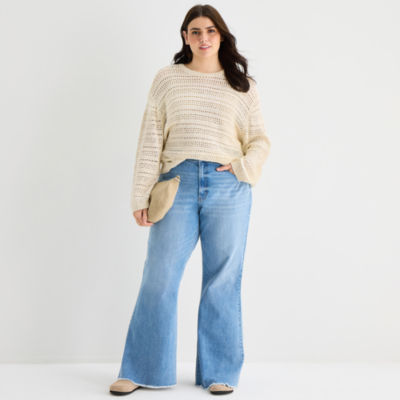 a.n.a Womens Plus Crew Neck Long Sleeve Pullover Sweater