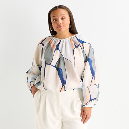 Worthington Womens Plus Round Neck Long Sleeve Blouse In Multi