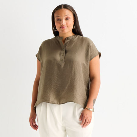 Worthington Womens Plus Henley Neck Short Sleeve Blouse In Brown