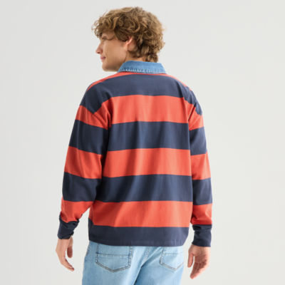 Arizona Mens Long Sleeve Regular Fit Button Down Collar Striped Rugby Shirt