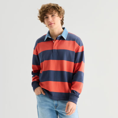 Arizona Mens Long Sleeve Regular Fit Button Down Collar Striped Rugby Shirt