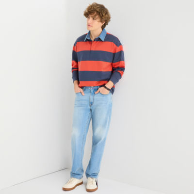 Arizona Mens Long Sleeve Regular Fit Button Down Collar Striped Rugby Shirt