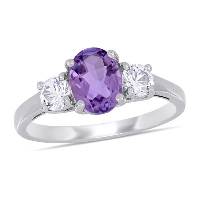 Womens Genuine Purple Amethyst Sterling Silver 3-Stone Cocktail Ring