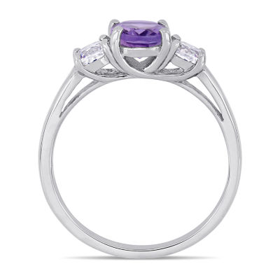 Womens Genuine Purple Amethyst Sterling Silver 3-Stone Cocktail Ring