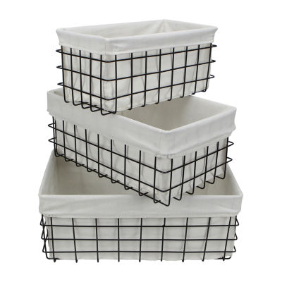 Set Of 3 Rectangular White Lined And Metal Wire Baskets Set Of 3 Rectangular White Lined And Metal Wire Baskets