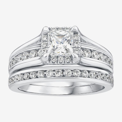 (G / Si1-Si2) Womens 1 1/2 CT. T.W. Lab Grown White Diamond 10K Gold Side Stone Halo Bridal Set