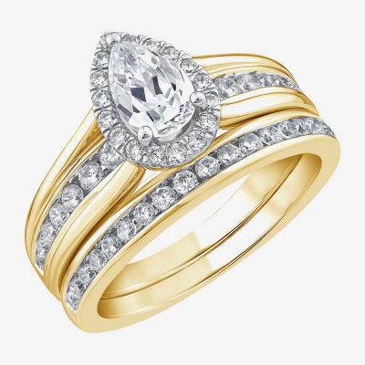 (G / Si1-Si2) Womens 1 1/2 CT. T.W. Lab Grown White Diamond 10K Gold Pear Side Stone Halo Bridal Set