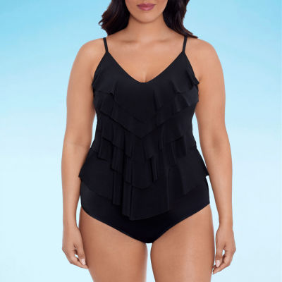 Swim Solutions Plus Size Printed Shirred Neck Blouson Tankini Swim Skirt  Created For Macys