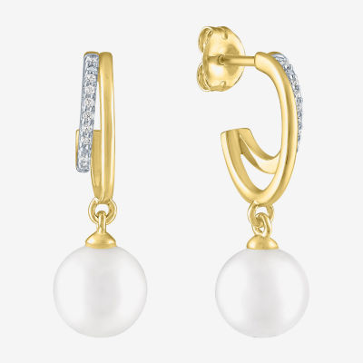 Diamond Addiction (G-H / Si2-I1) C-Hoop Diamond Accent Lab Grown White Diamond Cultured Freshwater Pearl 14K Gold Over Silver Sterling Silver Hoop Earrings