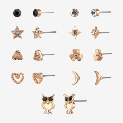 Arizona Gold Tone Owl 9 Pair Flower Heart Moon Earring Set