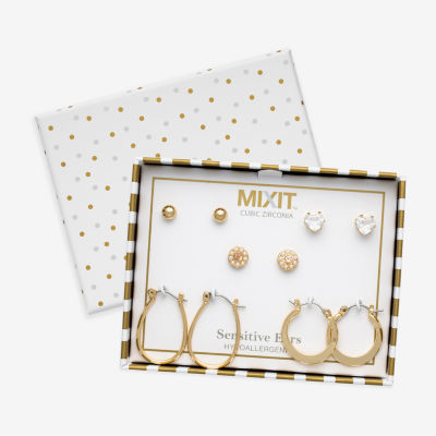 Mixit Womens Simulated Pearl Heart Round Hypoallergenic 5 Pair Earring Set