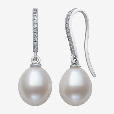 Womens Genuine White Cultured Freshwater Pearl Sterling Silver Drop Earrings