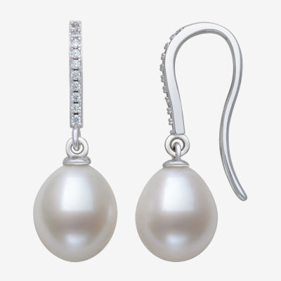 Womens Genuine White Cultured Freshwater Pearl Sterling Silver Drop Earrings