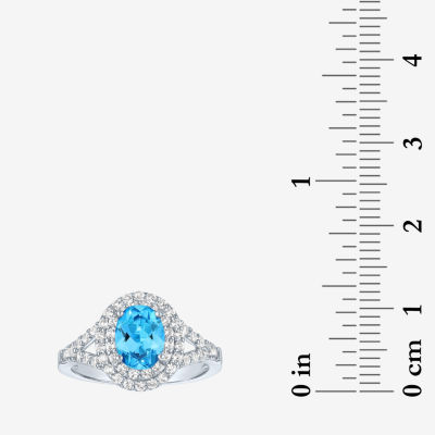 Gemstone and Lab-Created White Sapphire Sterling Silver Oval Double Halo Cocktail Ring