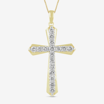 Womens 1 CT. T.W. Natural White Diamond 10K Gold Cross 18 Inch Pendant Necklace