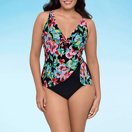 Trimshaper Vera Wrap One Piece Swimsuit, 14, Black