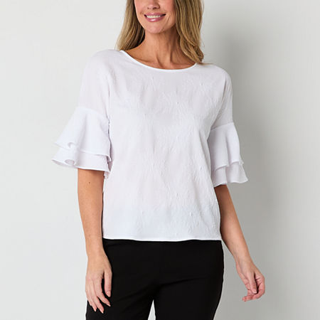 Liz Claiborne Womens Round Neck Elbow Sleeve Blouse, Medium, White