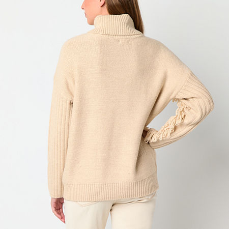 A.n.a Fringe Womens Turtleneck Long Sleeve Cable Knit Pullover Sweater, Petite Medium, Beige