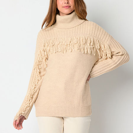 A.n.a Fringe Womens Turtleneck Long Sleeve Cable Knit Pullover Sweater, Petite Medium, Beige