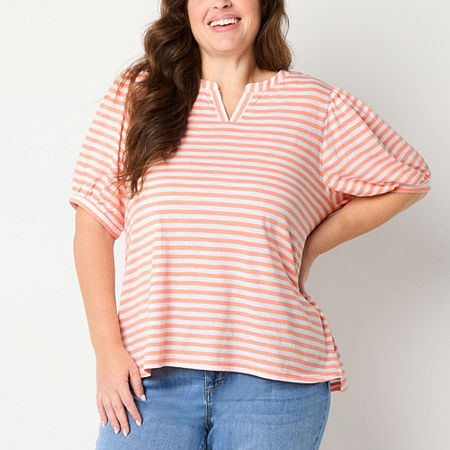 St. John's Bay Plus Womens Split Crew Neck Short Sleeve Blouse, 1x, Orange