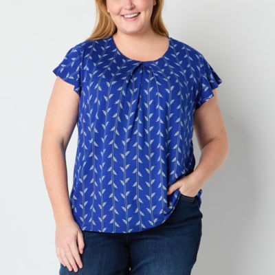 Liz Claiborne Plus Womens Round Neck Short Sleeve Blouse