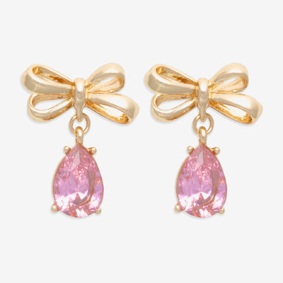 Bijoux Bar Gold Tone Womens Pink Cubic Zirconia Bow Drop Earrings