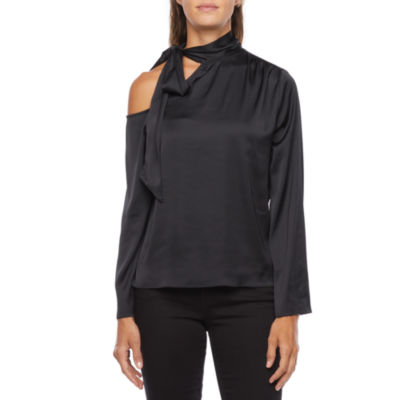 Worthington Womens Asymmetrical Neck Long Sleeve Blouse