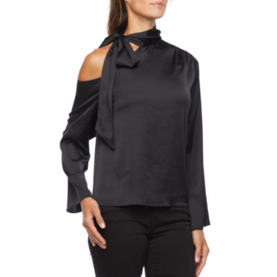 Worthington Womens Asymmetrical Neck Long Sleeve Blouse