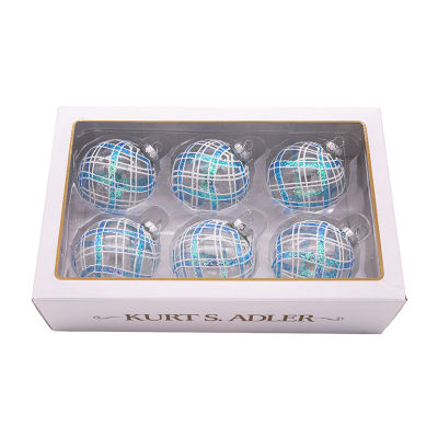 Kurt Adler 80MM Plaid Light Blue and Clear Glass Ball Ornaments 6 Piece Set
