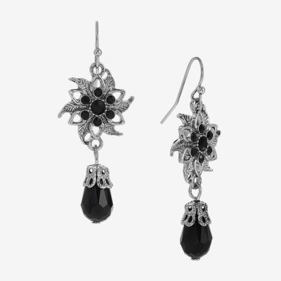 1928 Silver Tone & Black Crystal Flower Drop Earrings