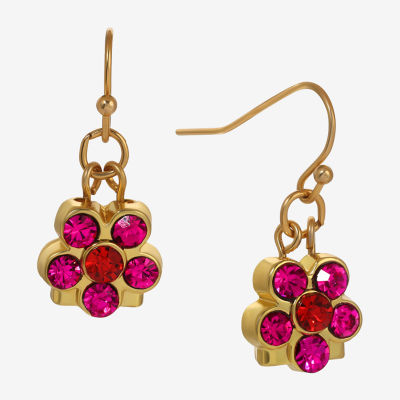 1928 Gold Tone & Pink Womens Pink Crystal Flower Drop Earrings