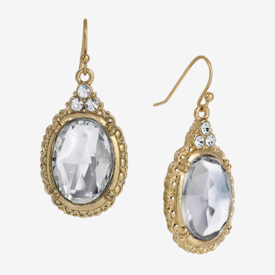 1928 Gold Tone Crystal Oval Drop Earrings