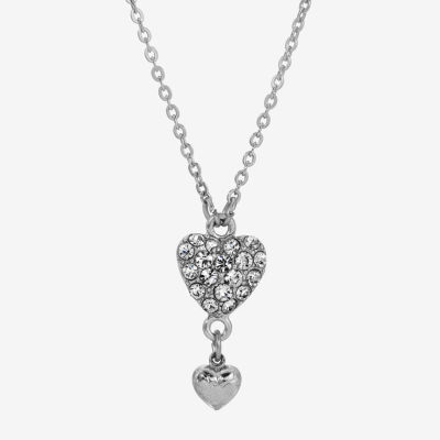 1928 Silver Tone Crystal 16 Inch Link Heart Pendant Necklace