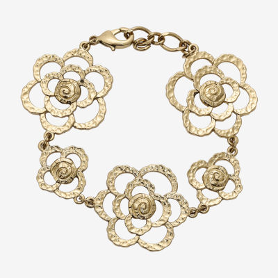 1928 Gold Tone Hammered 7 Inch Flower Link Bracelet