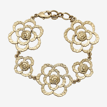 1928 Gold Tone Hammered 7 Inch Flower Link Bracelet, One Size, Yellow