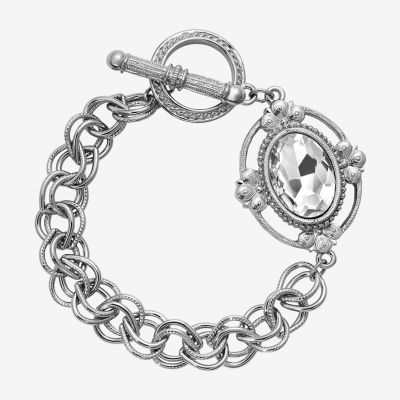 1928 Silver Tone Toggle Crystal 8 Inch Chain Bracelet