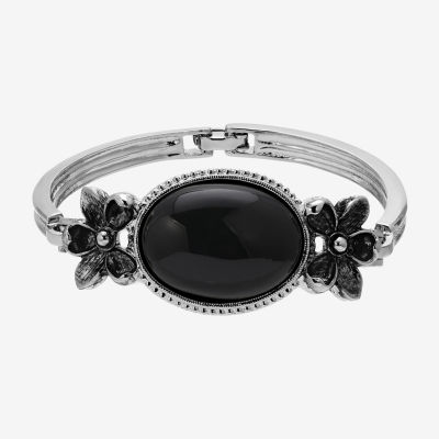 1928 Silver Tone & Black 7.25 Inch Flower Bangle Bracelet