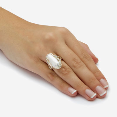 Womens White Mother Of Pearl Sterling Silver Oblong Cocktail Ring