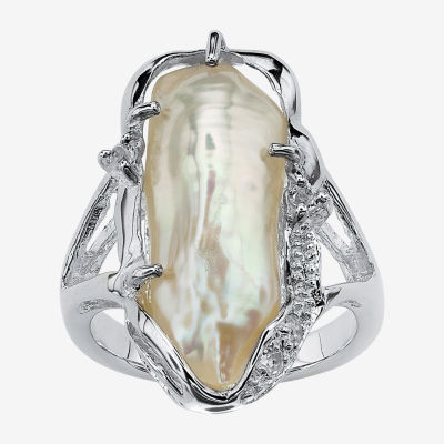 Womens White Mother Of Pearl Sterling Silver Oblong Cocktail Ring