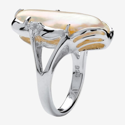 Womens White Mother Of Pearl Sterling Silver Oblong Cocktail Ring