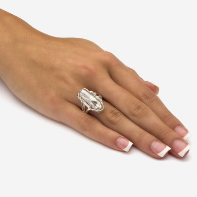 Womens White Mother Of Pearl Sterling Silver Oblong Cocktail Ring