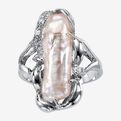 Womens White Mother Of Pearl Sterling Silver Oblong Cocktail Ring