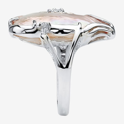 Womens White Mother Of Pearl Sterling Silver Oblong Cocktail Ring