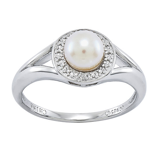 Womens Diamond Accent 6-6.5MM White Cultured Freshwater Pearl Sterling Silver Halo Cocktail Ring