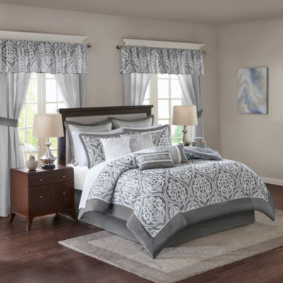 Madison Park Essentials Charley 24-pc. Jacquard Complete Bedding Set with Sheets and Window Treatments