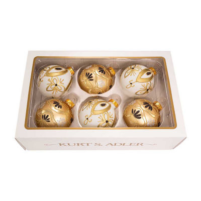 Kurt Adler 80MM Gold and White Glass Ball Ornaments 6-Piece Box Set