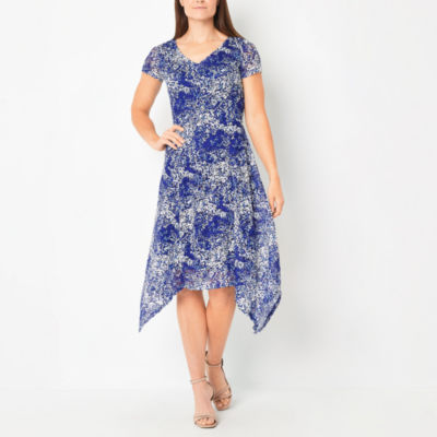 Perceptions Short Sleeve Floral Puff Lace Midi Fit + Flare Dress