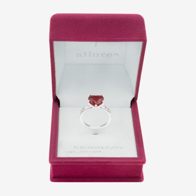 Sparkle Allure Solitaire Crystal Pure Silver Over Brass Heart Cocktail Ring